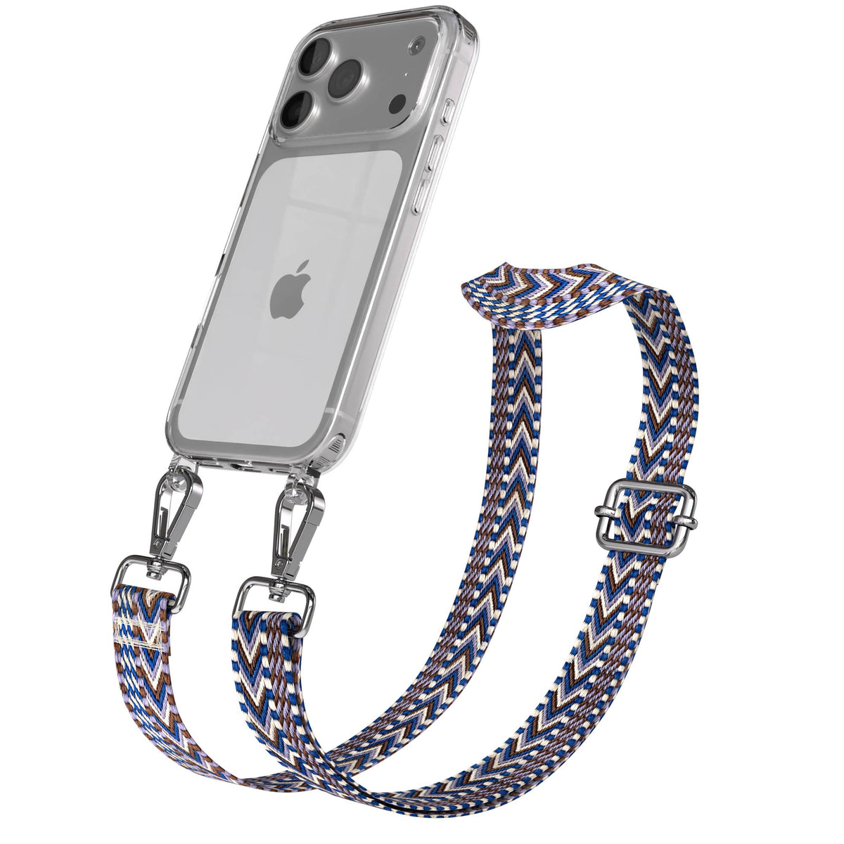 iPhone 17 Pro Handykette mit verstellbarem Boho Band von EAZY CASE #farbe_blau-weis-metallfarbe-silber