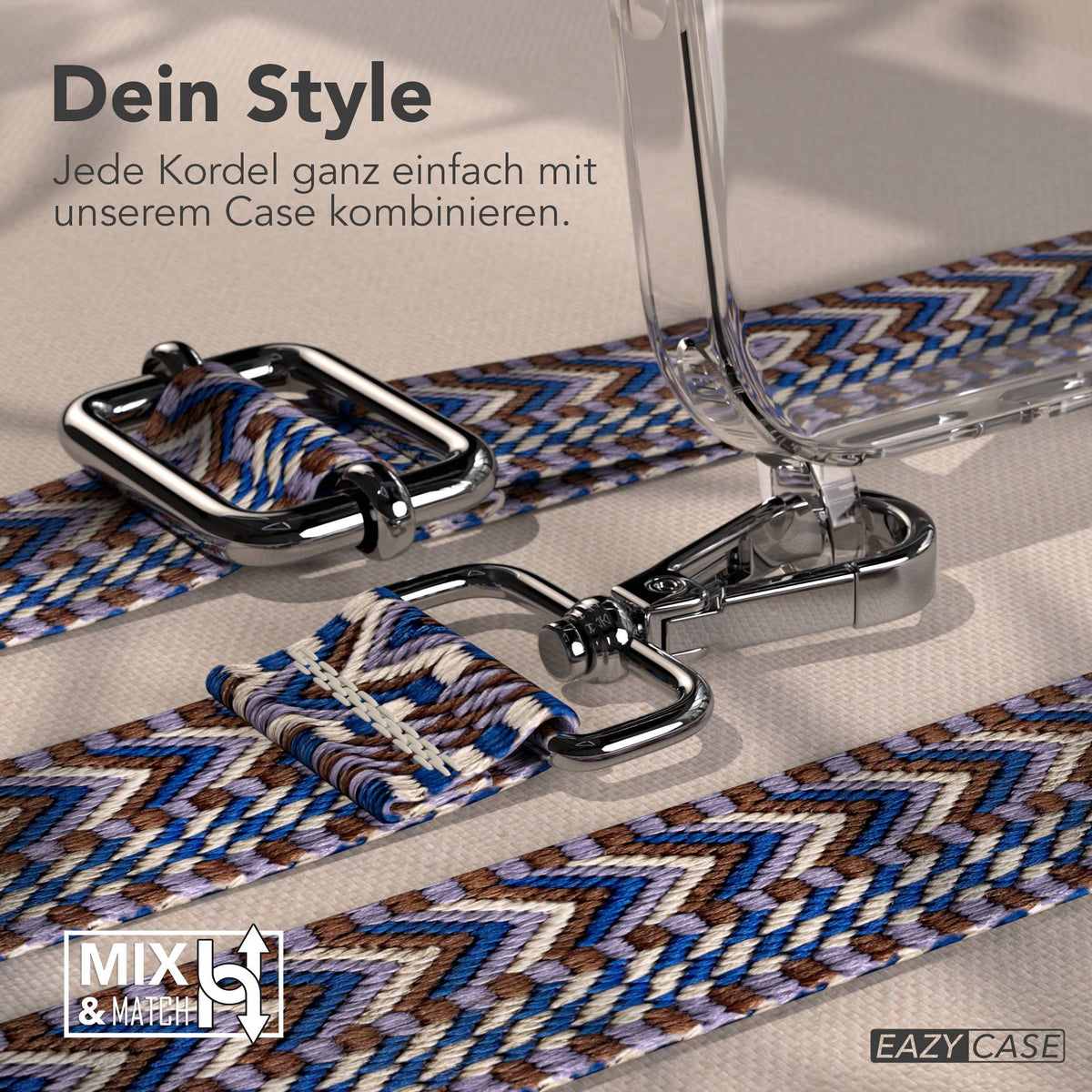 iPhone 17 Pro Handykette mit verstellbarem Boho Band von EAZY CASE #farbe_blau-weis-metallfarbe-silber