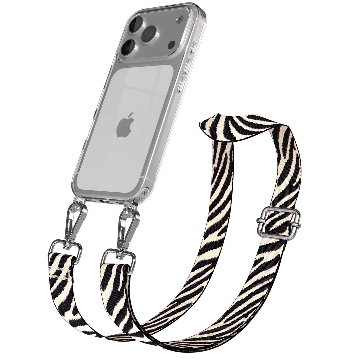 iPhone 17 Pro Handykette mit verstellbarem Boho Band von EAZY CASE #farbe_zebra-metallfarbe-silber