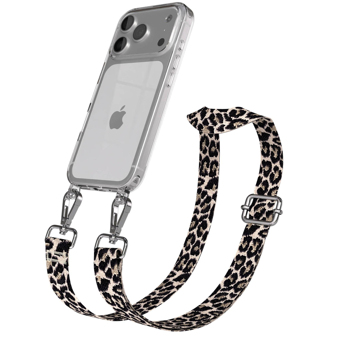 iPhone 17 Pro Handykette mit verstellbarem Boho Band von EAZY CASE #farbe_leo-taupe-schwarz-metallfarbe-silber