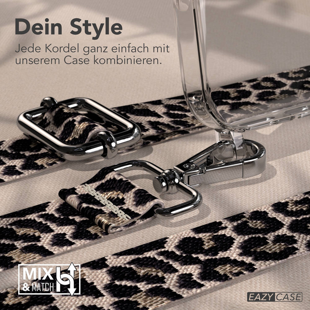 iPhone 17 Pro Handykette mit verstellbarem Boho Band von EAZY CASE #farbe_leo-taupe-schwarz-metallfarbe-silber