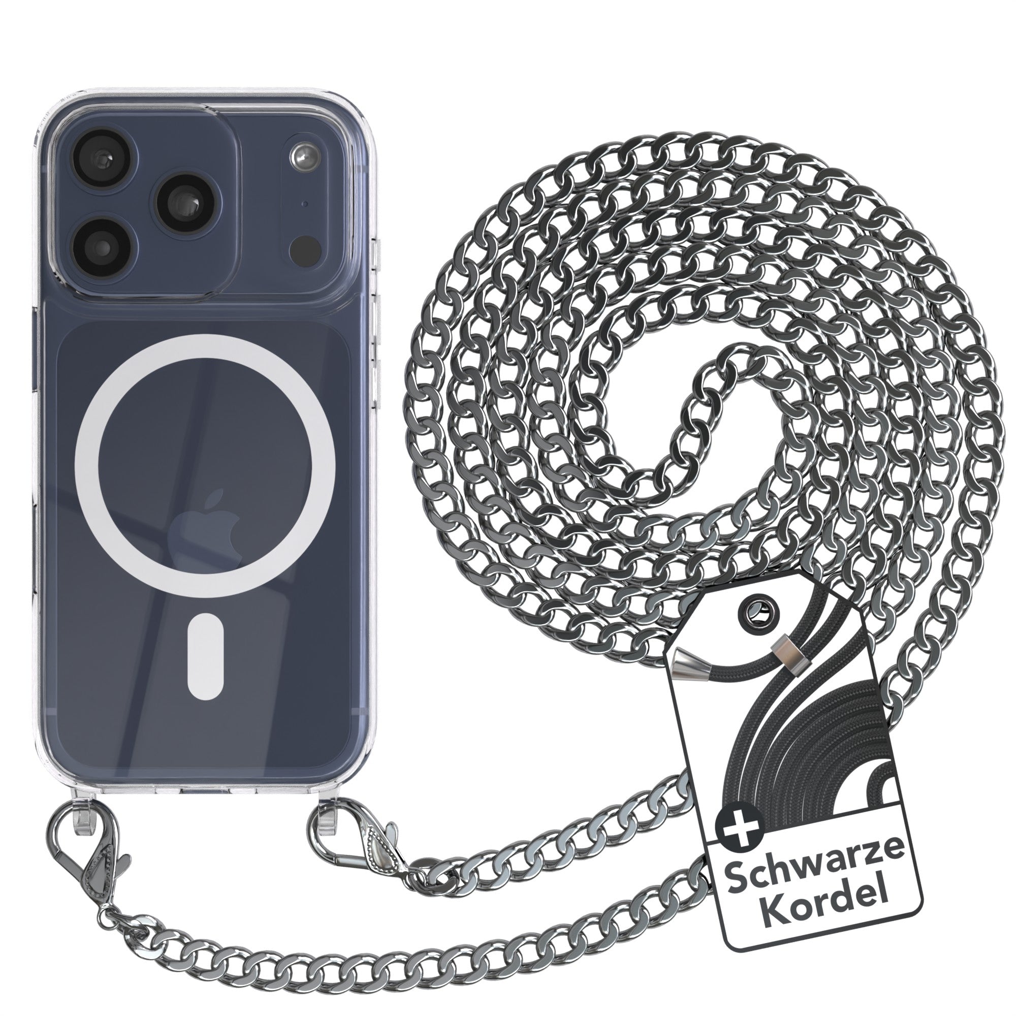 iPhone 17 Pro Hülle mit Metallkette + Schwarze Kordel mit MagSafe