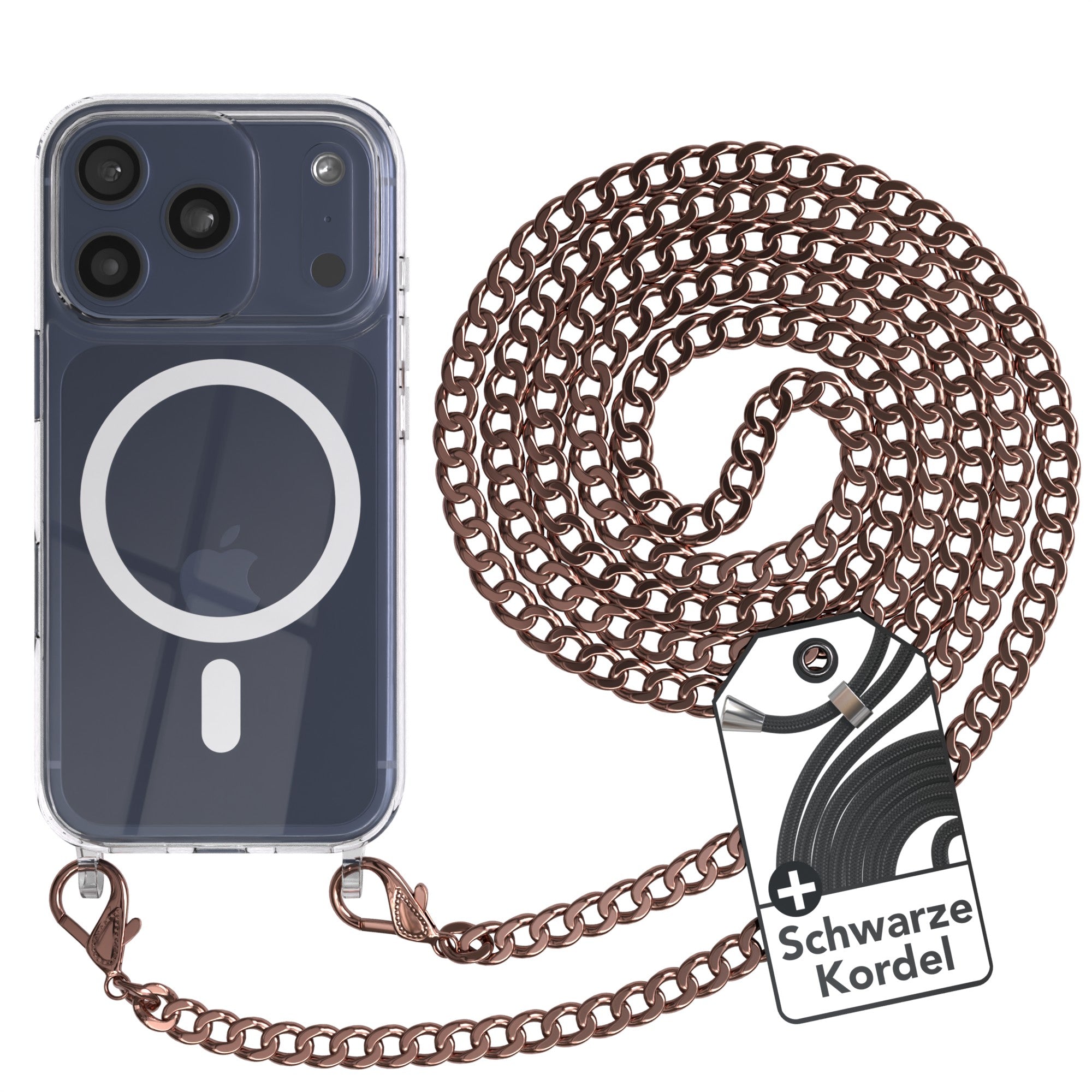 iPhone 17 Pro Hülle mit Metallkette + Schwarze Kordel mit MagSafe