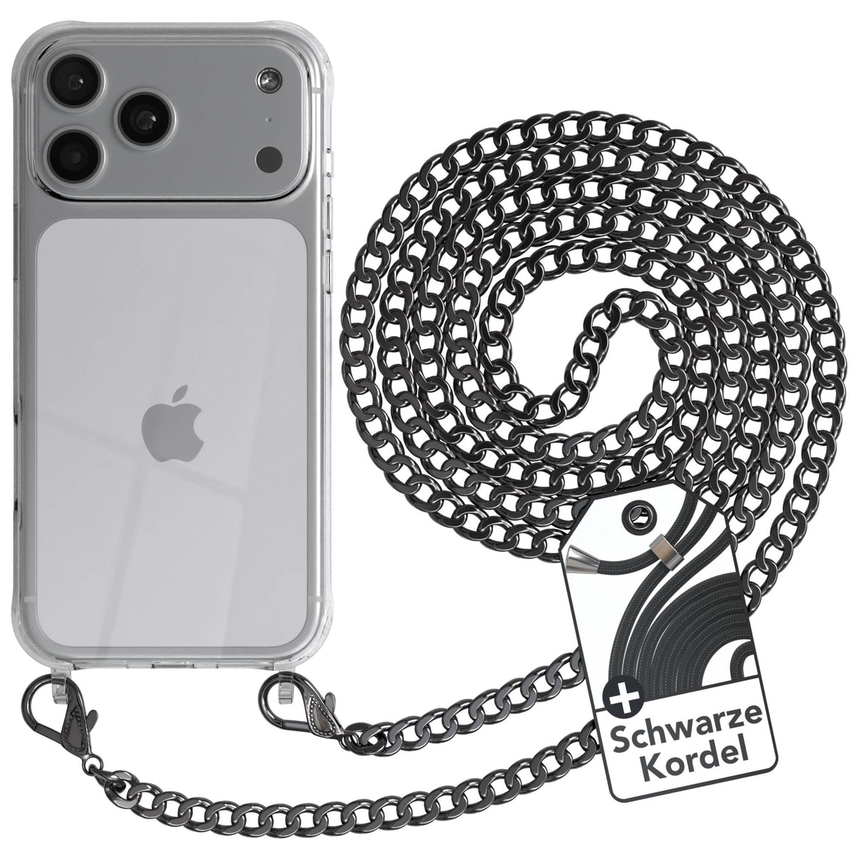 iPhone 17 Pro Max Handykette mit schwarzer Kordel und Metallkette #farbe_grau