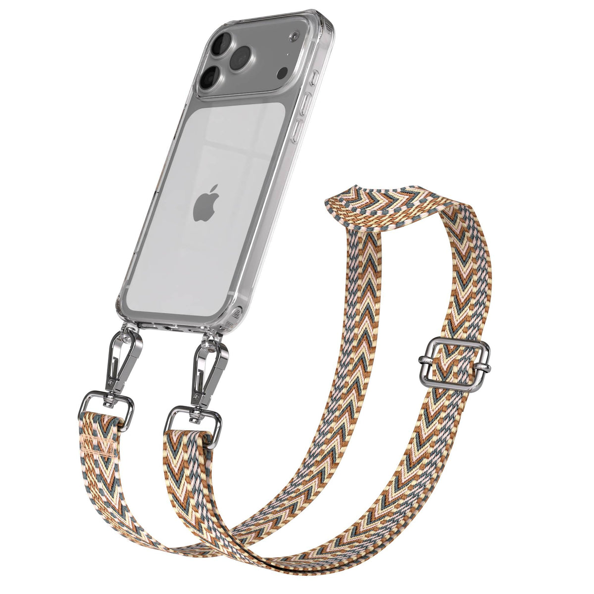 iPhone 17 Pro Max Handykette mit verstellbarem Boho Trageriemen von EAZY CASE #farbe_hellbraun-braun-metallfarbe-silber