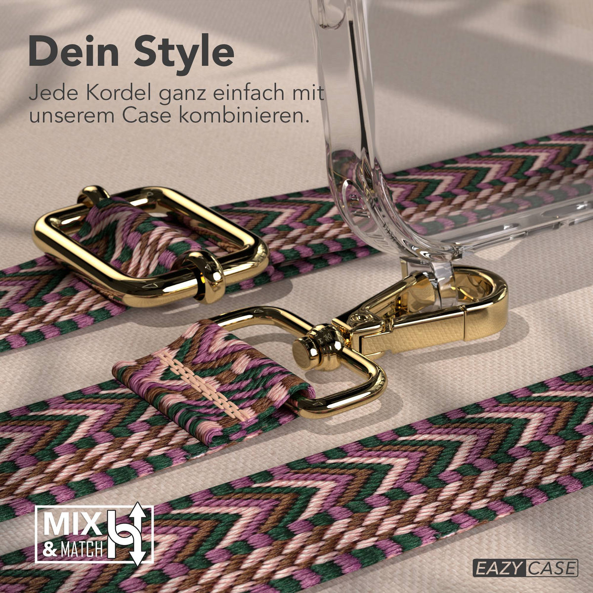 iPhone 17 Pro Max Handykette mit verstellbarem Boho Trageriemen von EAZY CASE #farbe_beere-rosa-metallfarbe-gold
