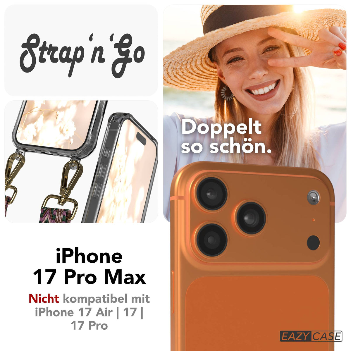 iPhone 17 Pro Max Handykette mit verstellbarem Boho Trageriemen von EAZY CASE #farbe_beere-rosa-metallfarbe-gold
