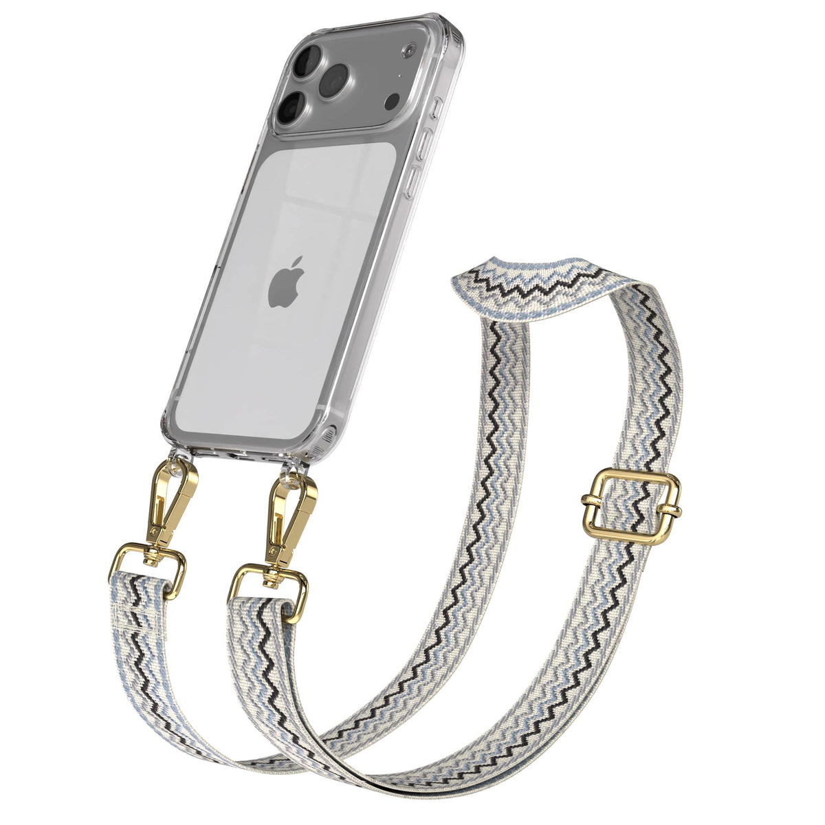 iPhone 17 Pro Max Handykette mit verstellbarem Boho Trageriemen von EAZY CASE #farbe_blau-wellen-metallfarbe-gold