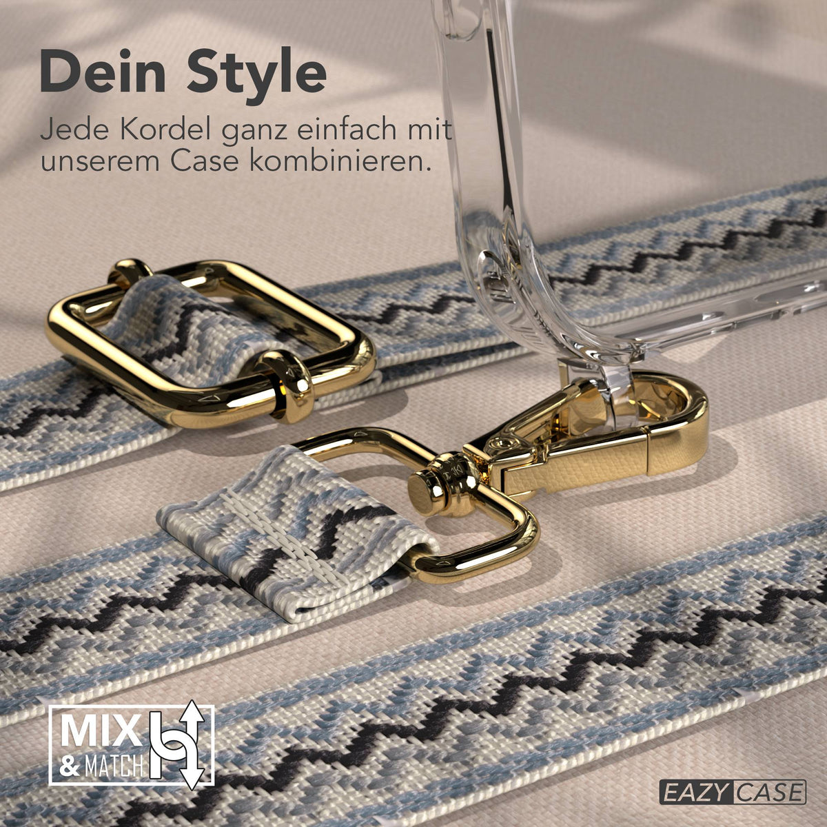iPhone 17 Pro Max Handykette mit verstellbarem Boho Trageriemen von EAZY CASE #farbe_blau-wellen-metallfarbe-gold
