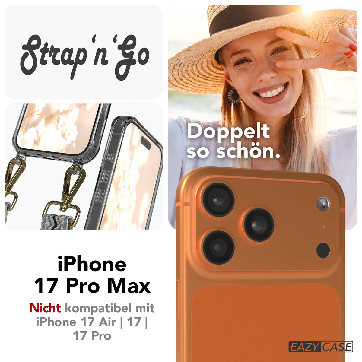 iPhone 17 Pro Max Handykette mit verstellbarem Boho Trageriemen von EAZY CASE #farbe_blau-wellen-metallfarbe-gold