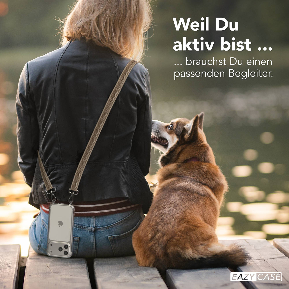 iPhone 17 Pro Max Handykette mit verstellbarem Boho Trageriemen von EAZY CASE #farbe_braun-wellen-metallfarbe-silber