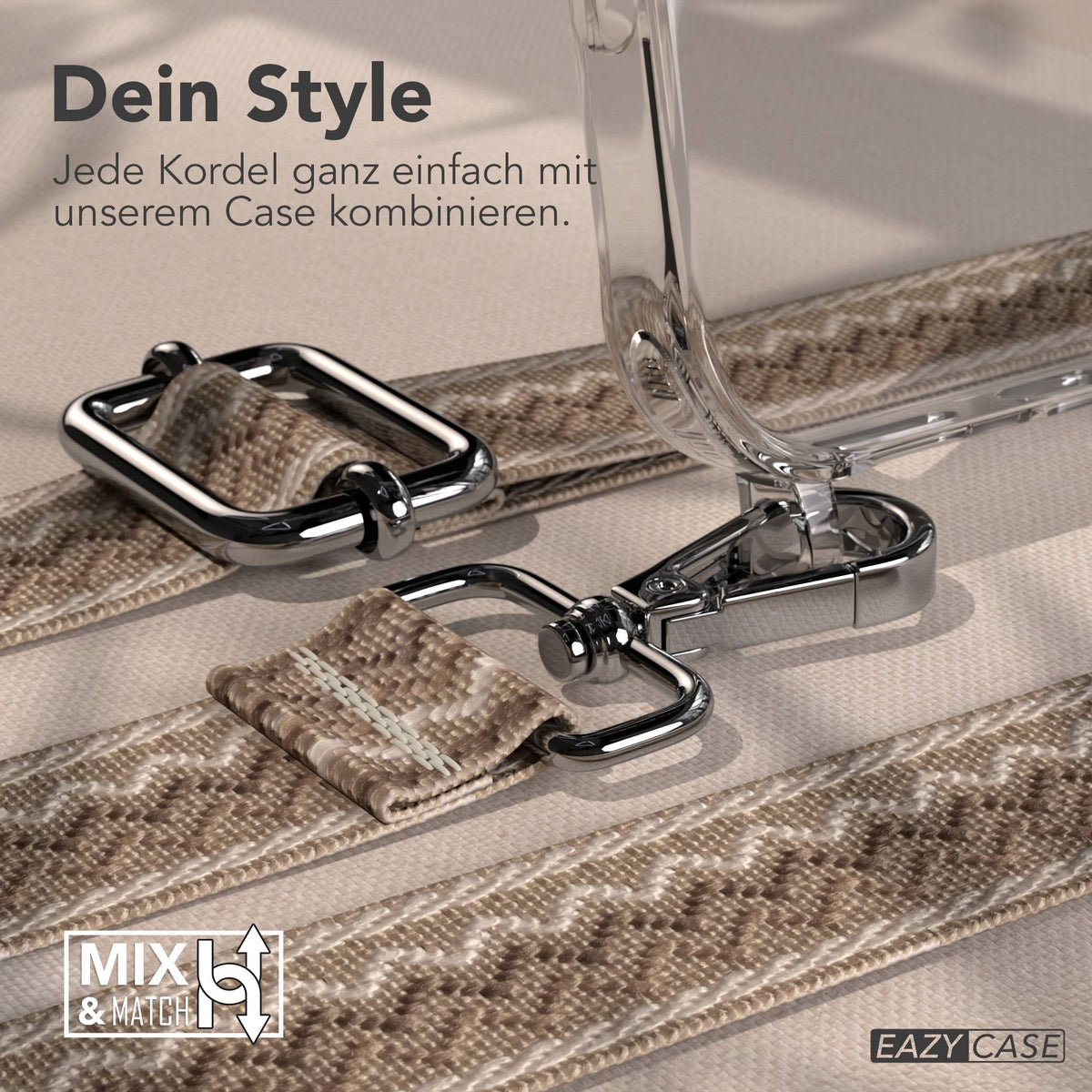 iPhone 17 Pro Max Handykette mit verstellbarem Boho Trageriemen von EAZY CASE #farbe_braun-wellen-metallfarbe-silber