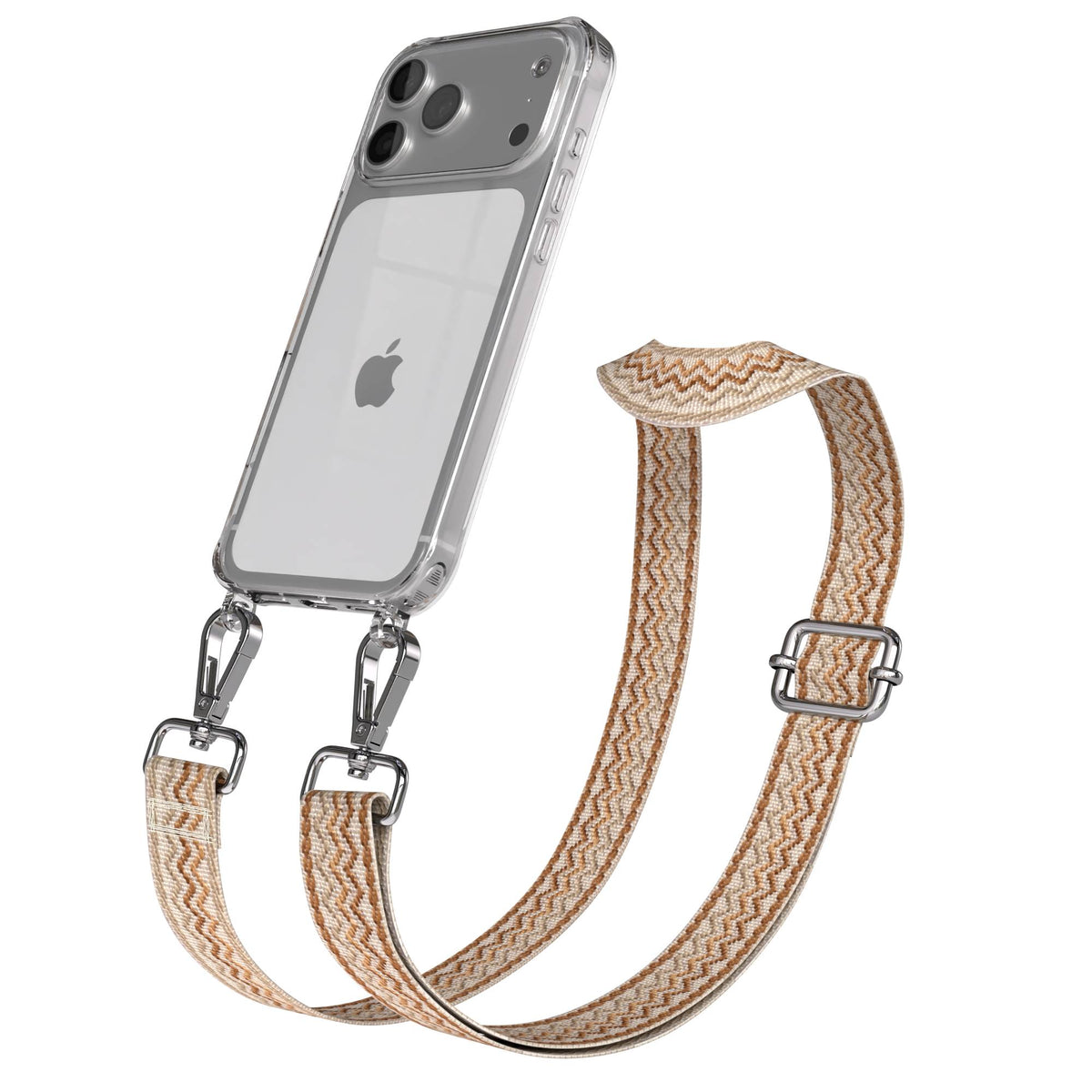 iPhone 17 Pro Max Handykette mit verstellbarem Boho Trageriemen von EAZY CASE #farbe_beige-wellen-metallfarbe-silber