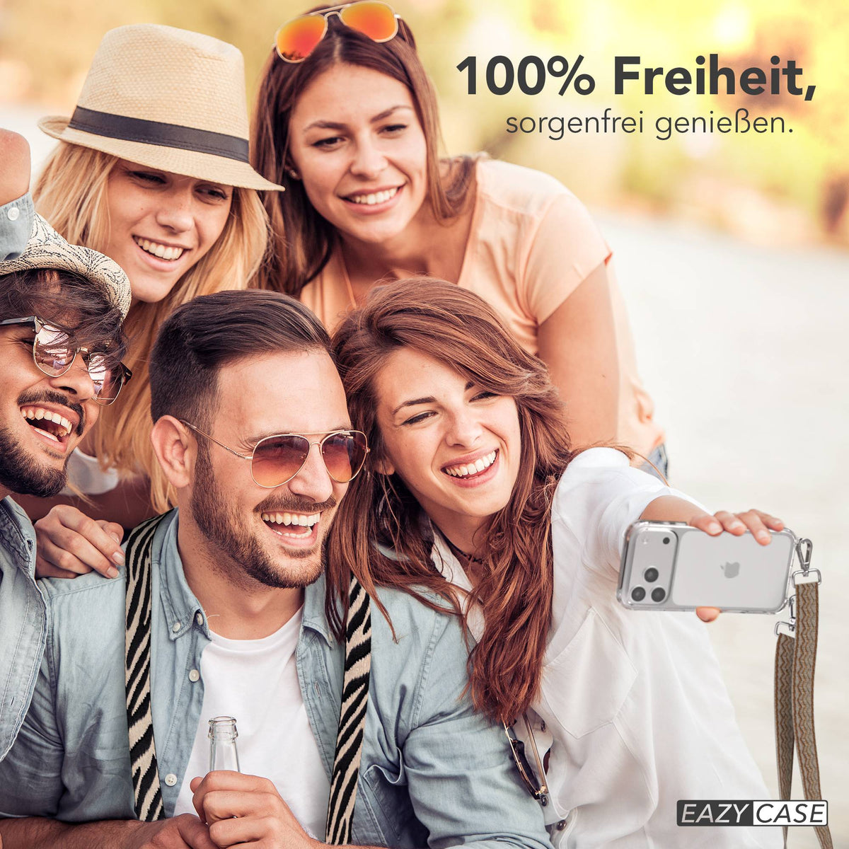 iPhone 17 Pro Max Handykette mit verstellbarem Boho Trageriemen von EAZY CASE #farbe_beige-wellen-metallfarbe-silber