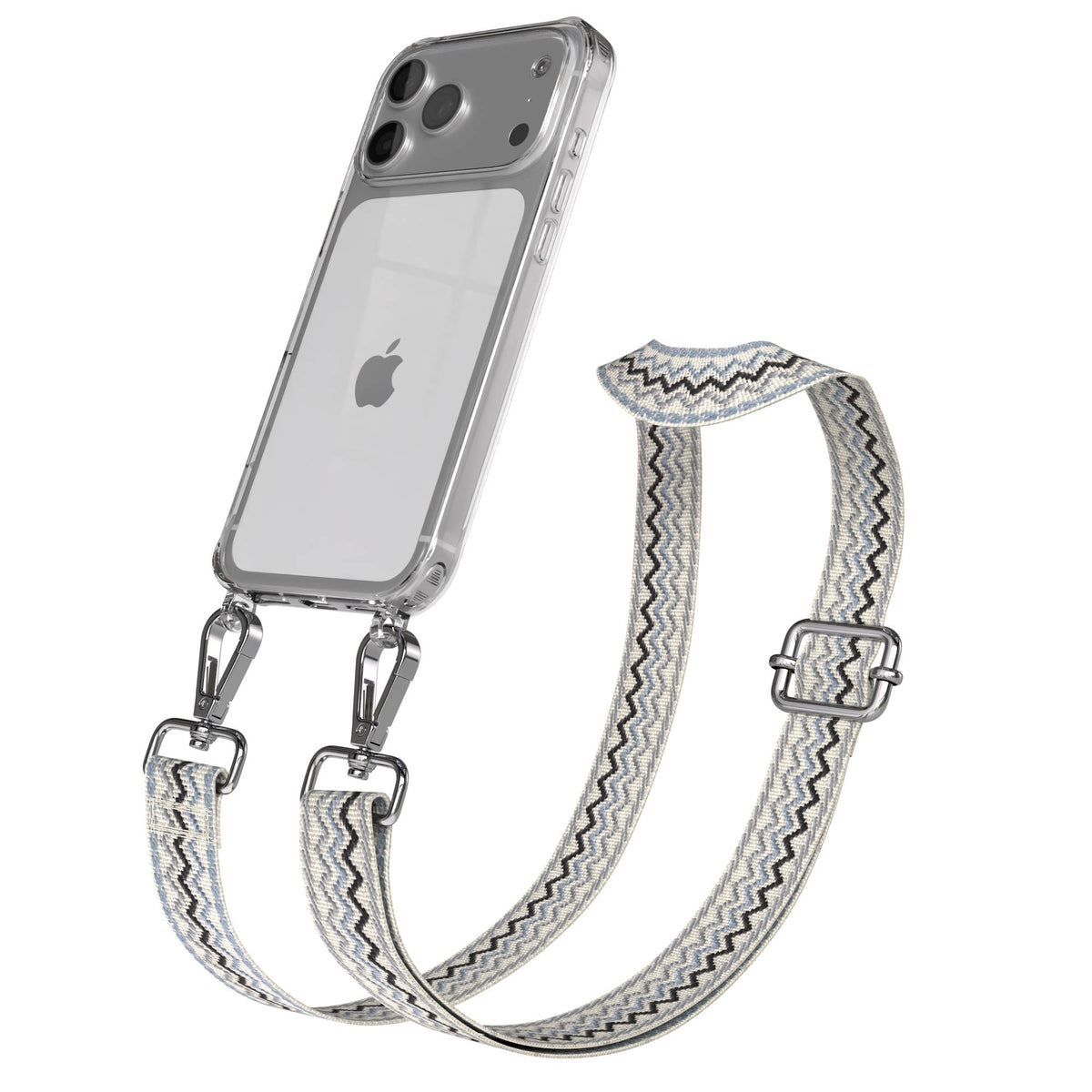 iPhone 17 Pro Max Handykette mit verstellbarem Boho Trageriemen von EAZY CASE #farbe_blau-wellen-metallfarbe-silber