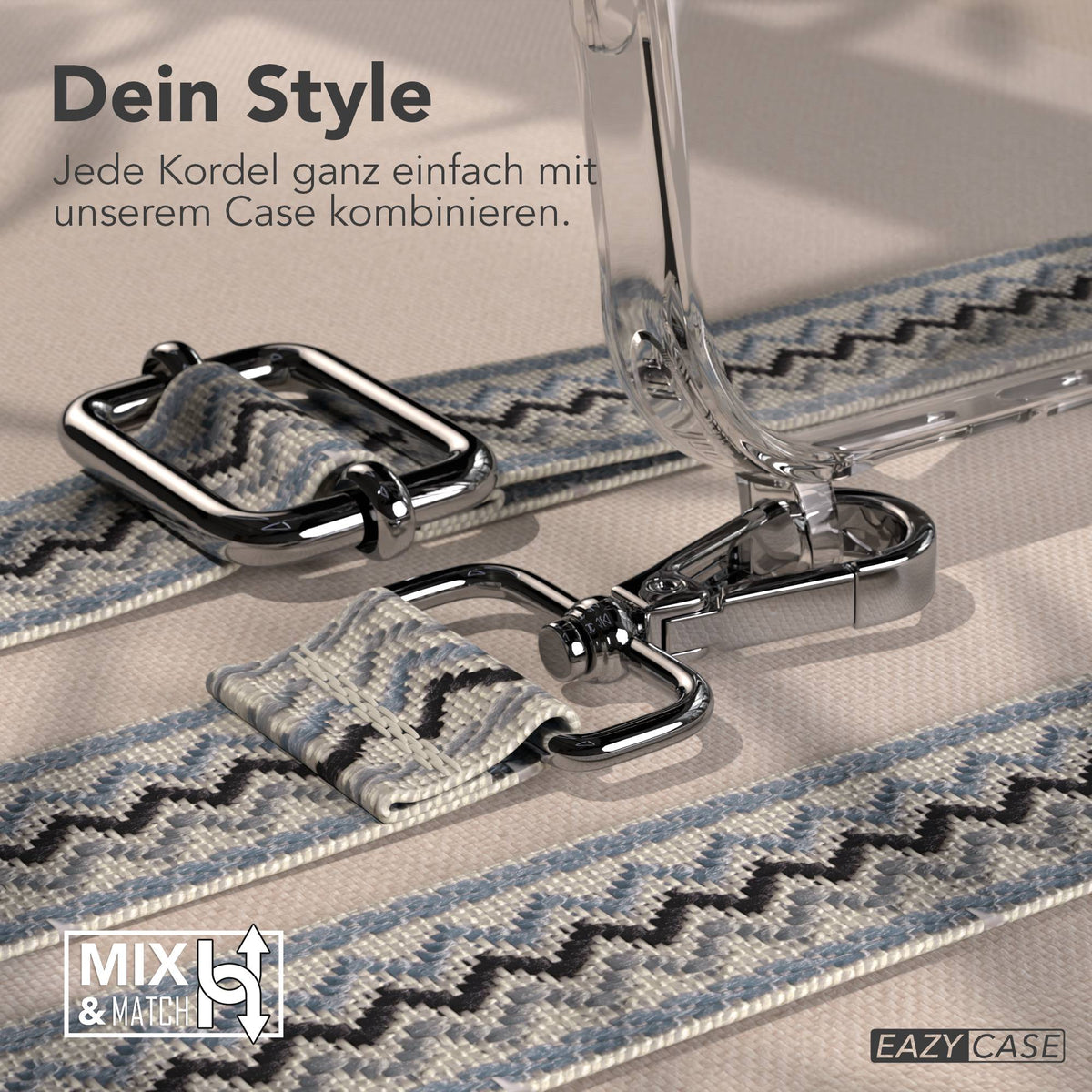 iPhone 17 Pro Max Handykette mit verstellbarem Boho Trageriemen von EAZY CASE #farbe_blau-wellen-metallfarbe-silber