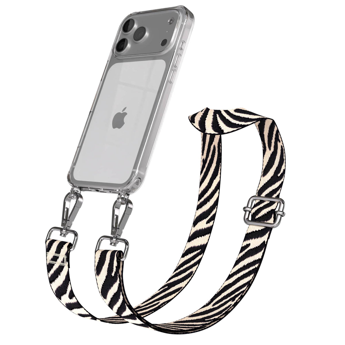 iPhone 17 Pro Max Handykette mit verstellbarem Boho Trageriemen von EAZY CASE #farbe_zebra-metallfarbe-silber