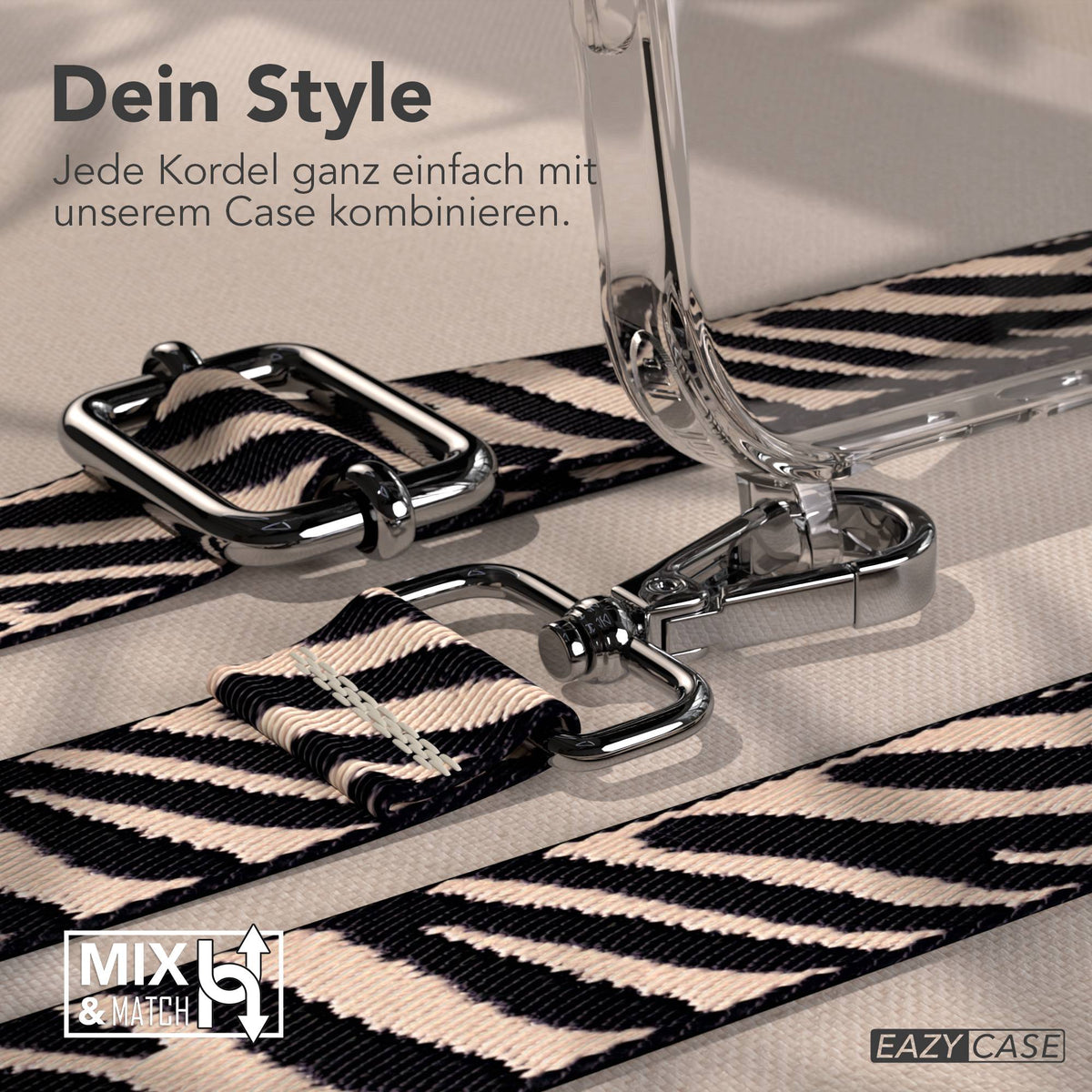 iPhone 17 Pro Max Handykette mit verstellbarem Boho Trageriemen von EAZY CASE #farbe_zebra-metallfarbe-silber