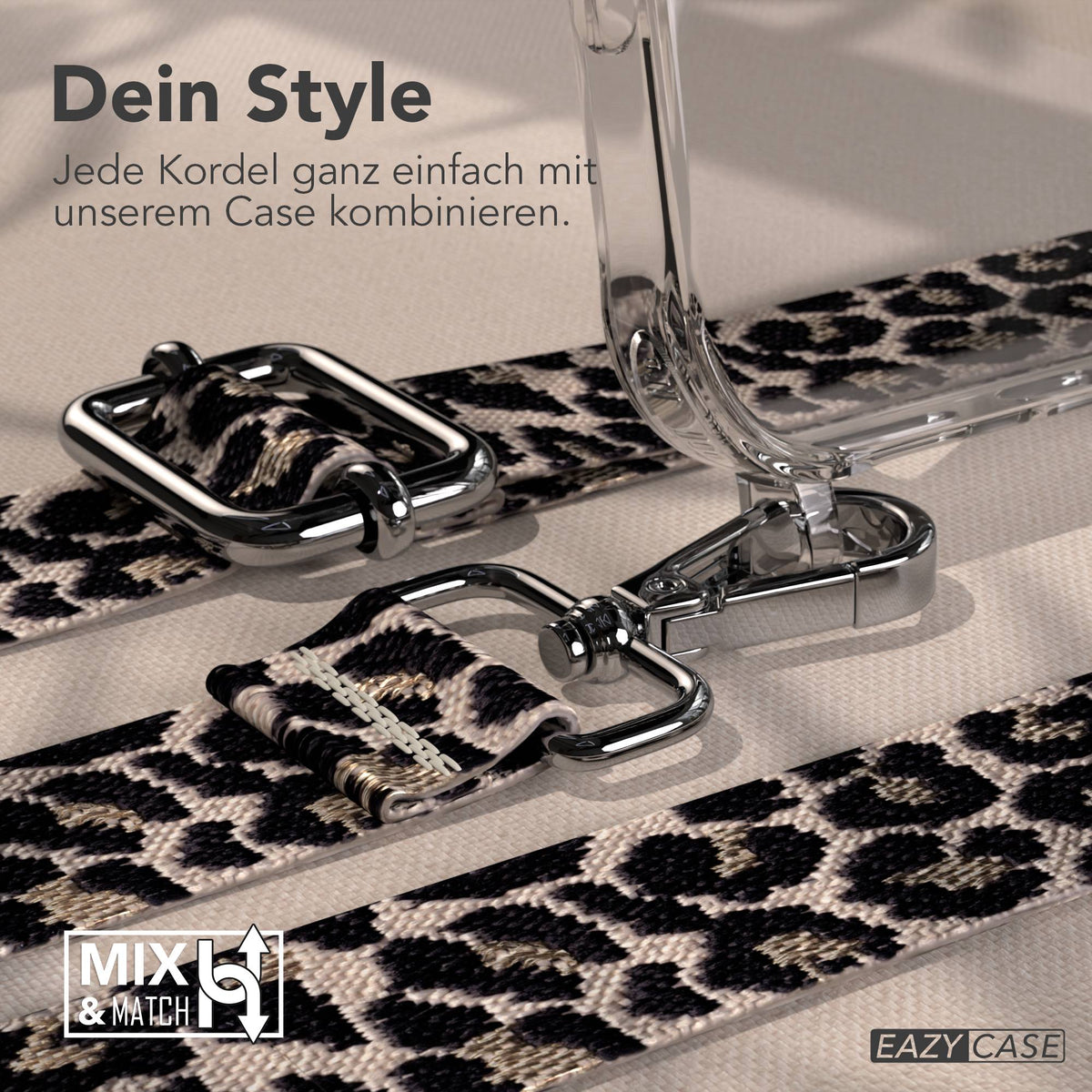 iPhone 17 Pro Max Handykette mit verstellbarem Boho Trageriemen von EAZY CASE #farbe_leo-taupe-schwarz-metallfarbe-silber