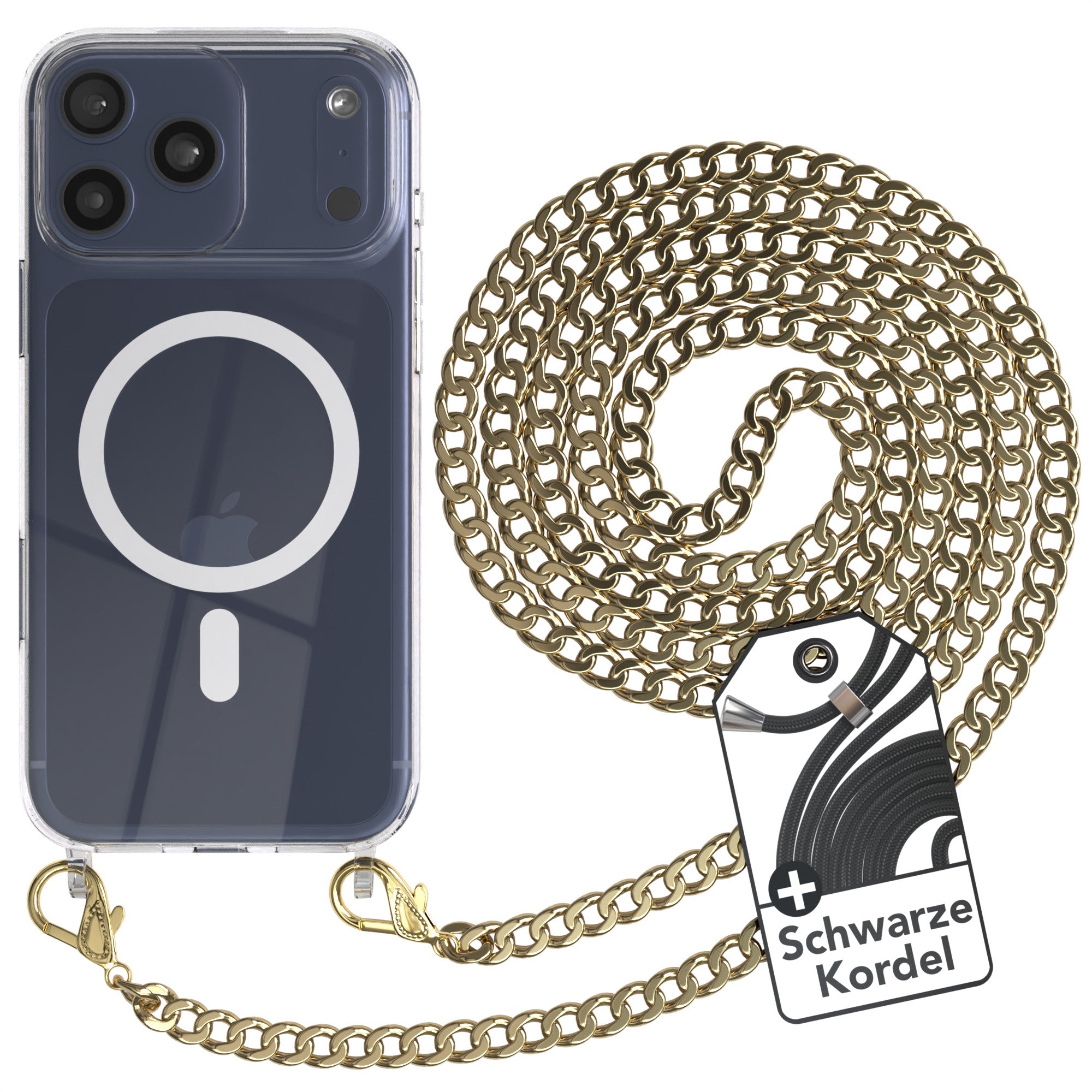 iPhone 17 Pro Max Hülle mit Metallkette + Schwarze Kordel mit MagSafe