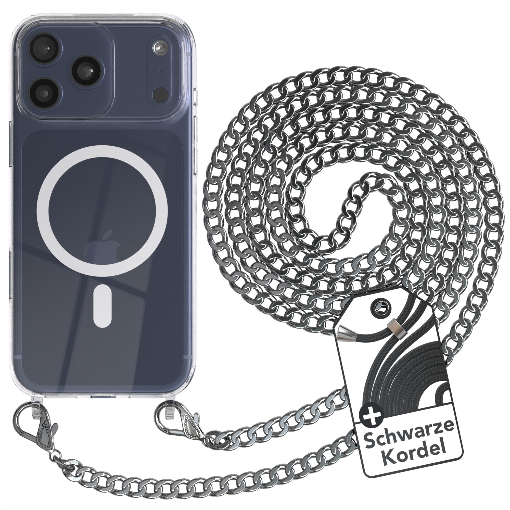 iPhone 17 Pro Max Hülle mit Metallkette + Schwarze Kordel mit MagSafe
