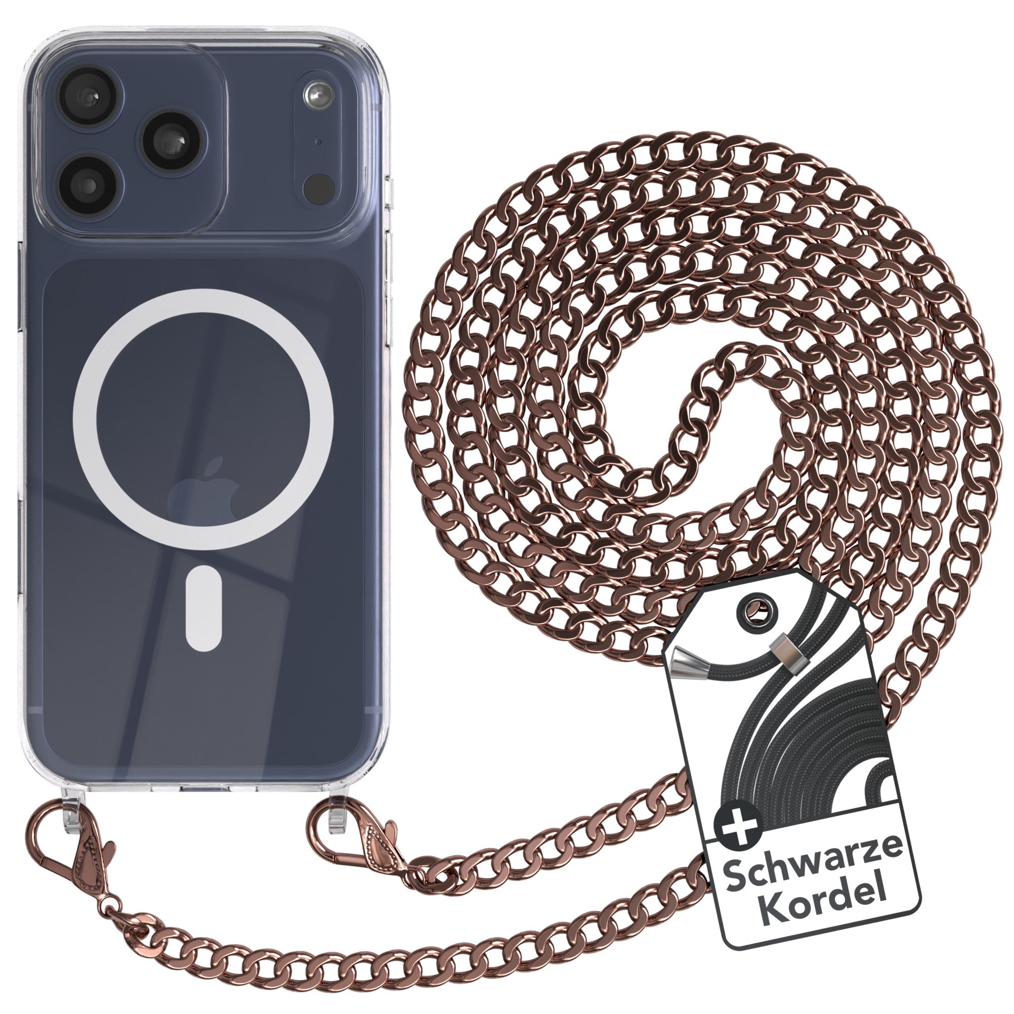 iPhone 17 Pro Max Hülle mit Metallkette + Schwarze Kordel mit MagSafe