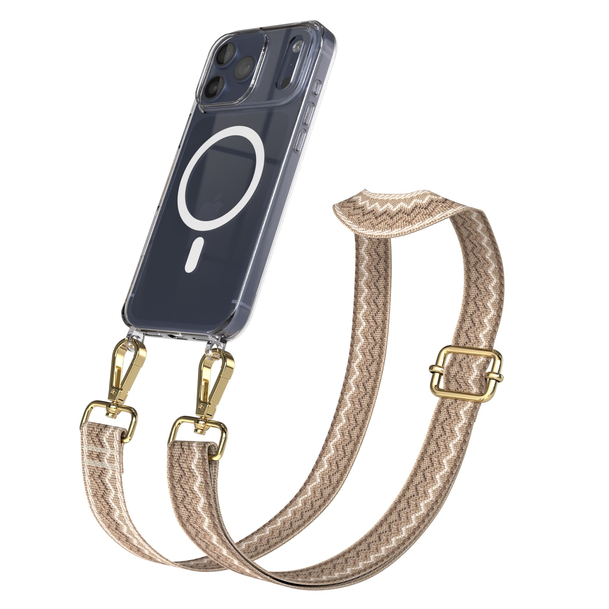 iPhone 17 Pro Max MagSafe Hülle mit verstellbarer Boho Handykette #farbe_braun-wellen-metallfarbe-gold