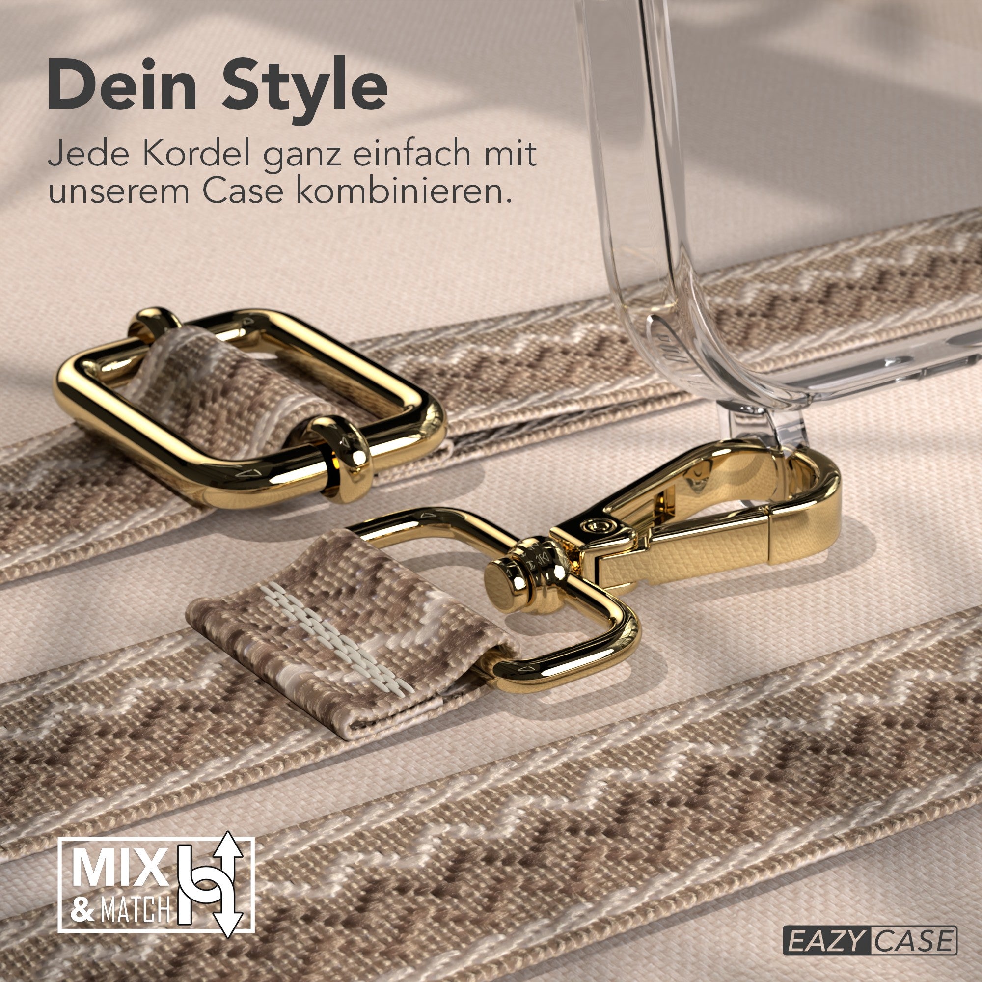iPhone 17 Pro Max MagSafe Hülle mit verstellbarer Boho Handykette #farbe_braun-wellen-metallfarbe-gold