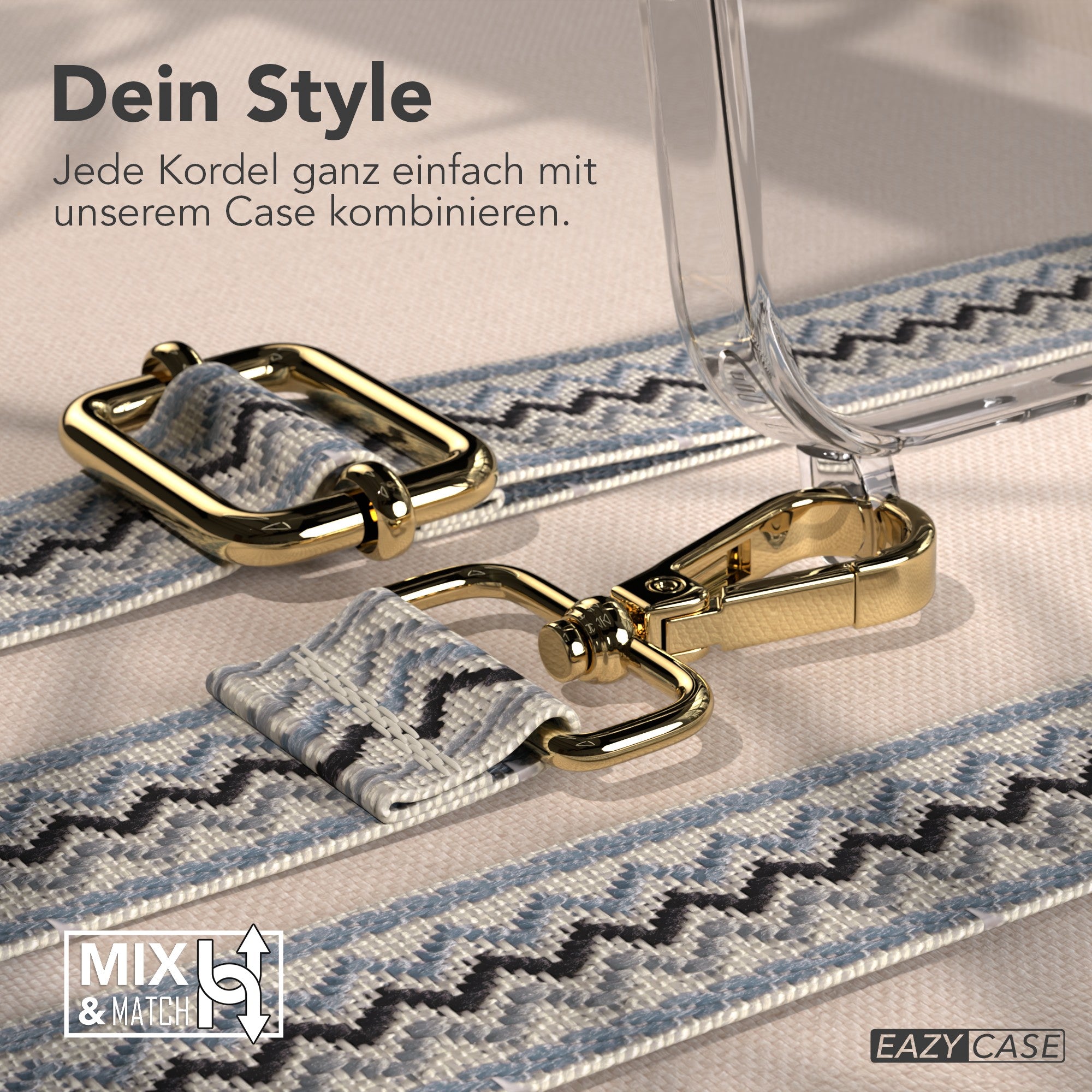 iPhone 17 Pro Max MagSafe Hülle mit verstellbarer Boho Handykette #farbe_blau-wellen-metallfarbe-gold