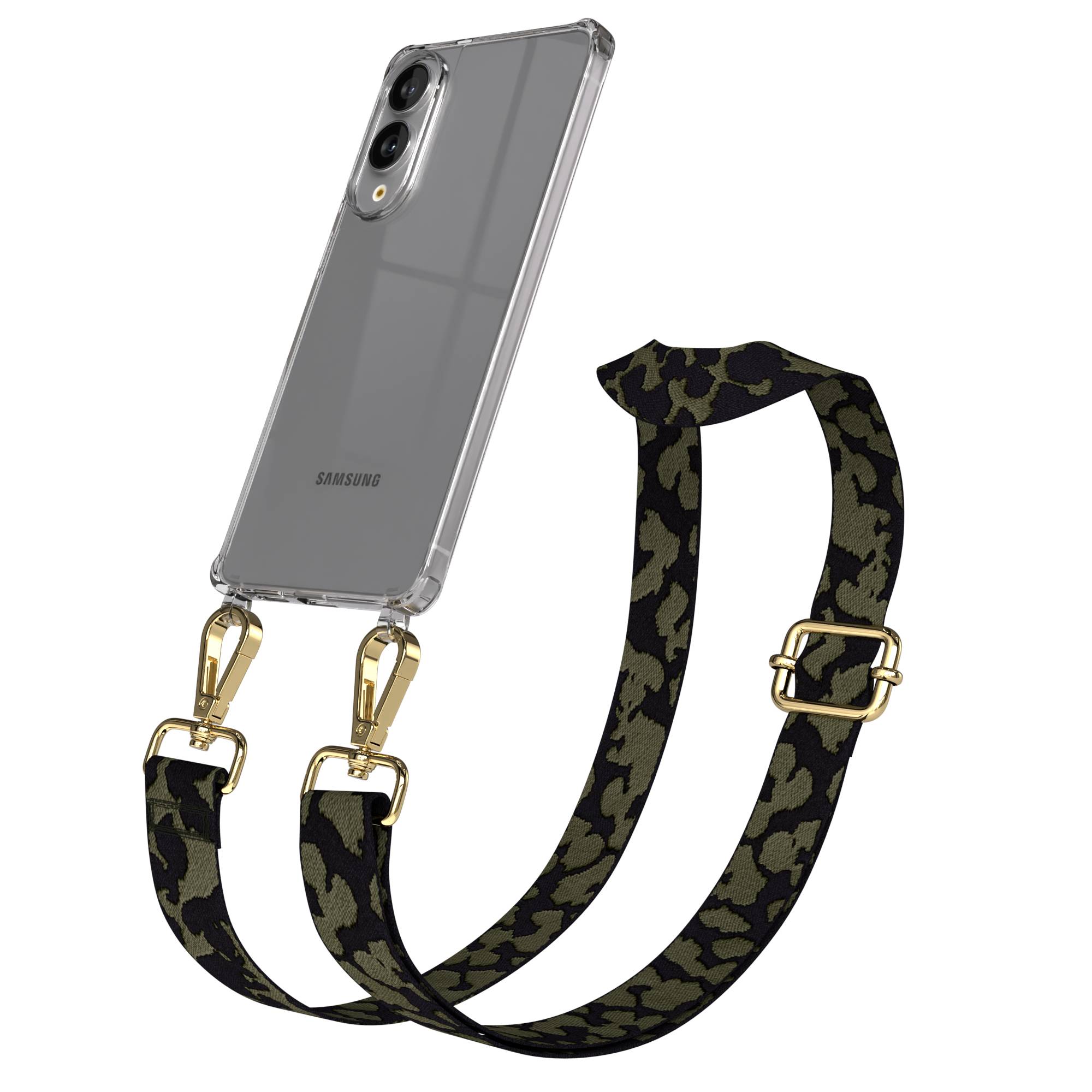 Samsung Galaxy S25 Edge Handykette mit verstellbarem Boho Trageriemen #farbe_dunkelgrun-camouflage-metallfarbe-gold