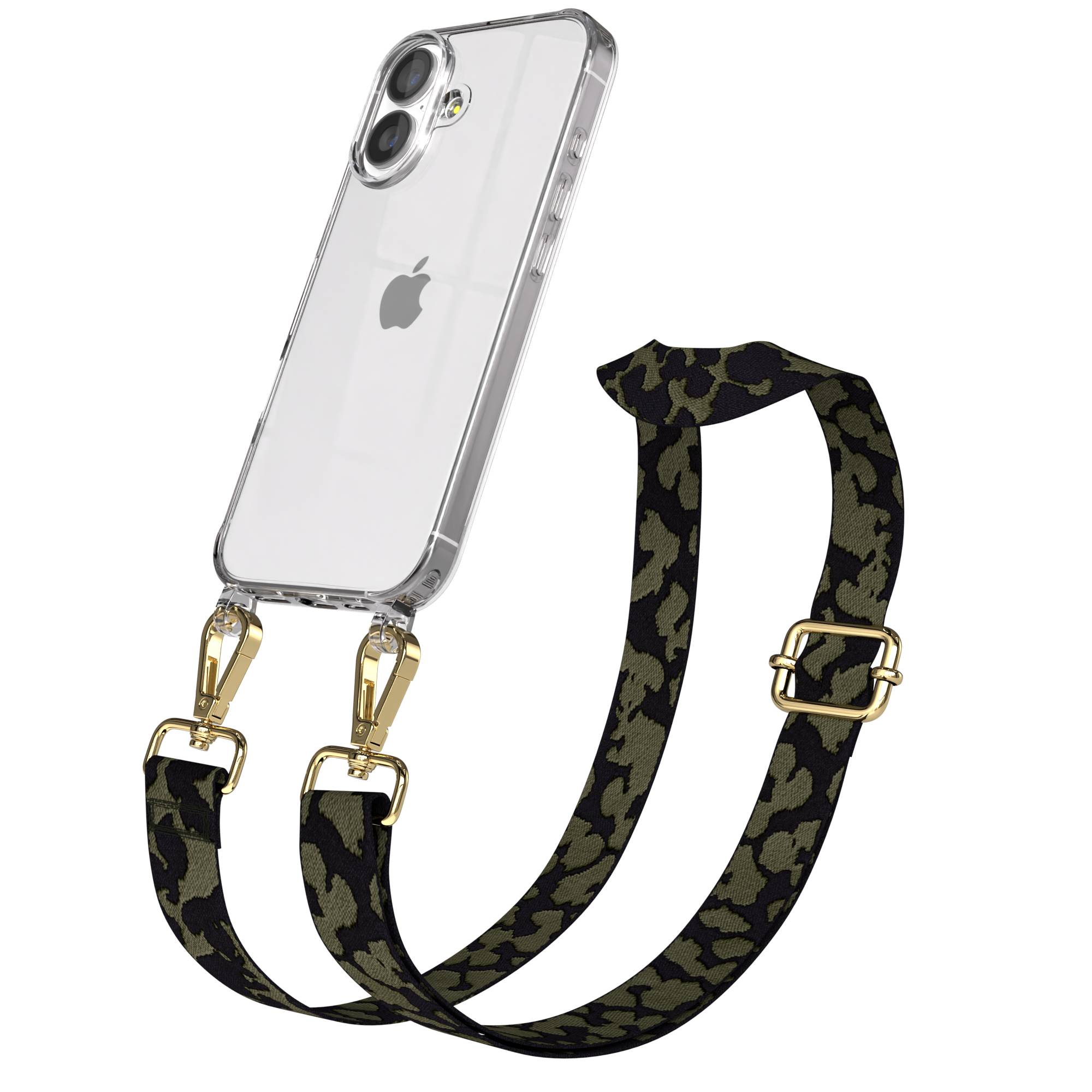 iPhone 17 Handykette mit verstellbarem Boho Band zum Umhängen #farbe_dunkelgrun-camouflage-metallfarbe-gold