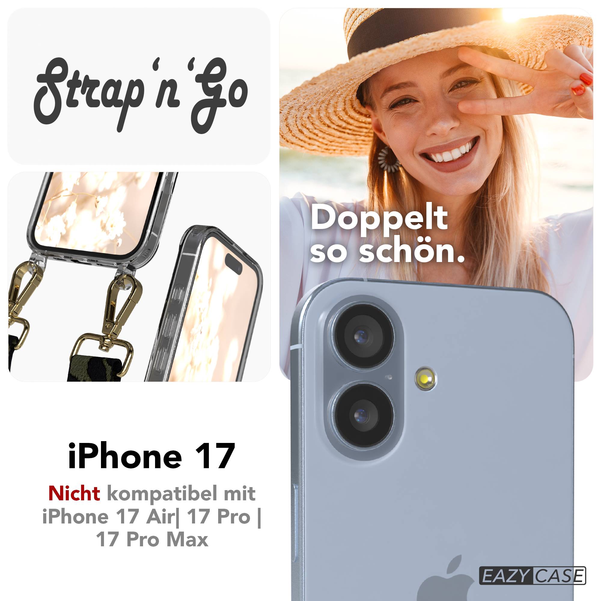 iPhone 17 Handykette mit verstellbarem Boho Band zum Umhängen #farbe_dunkelgrun-camouflage-metallfarbe-gold