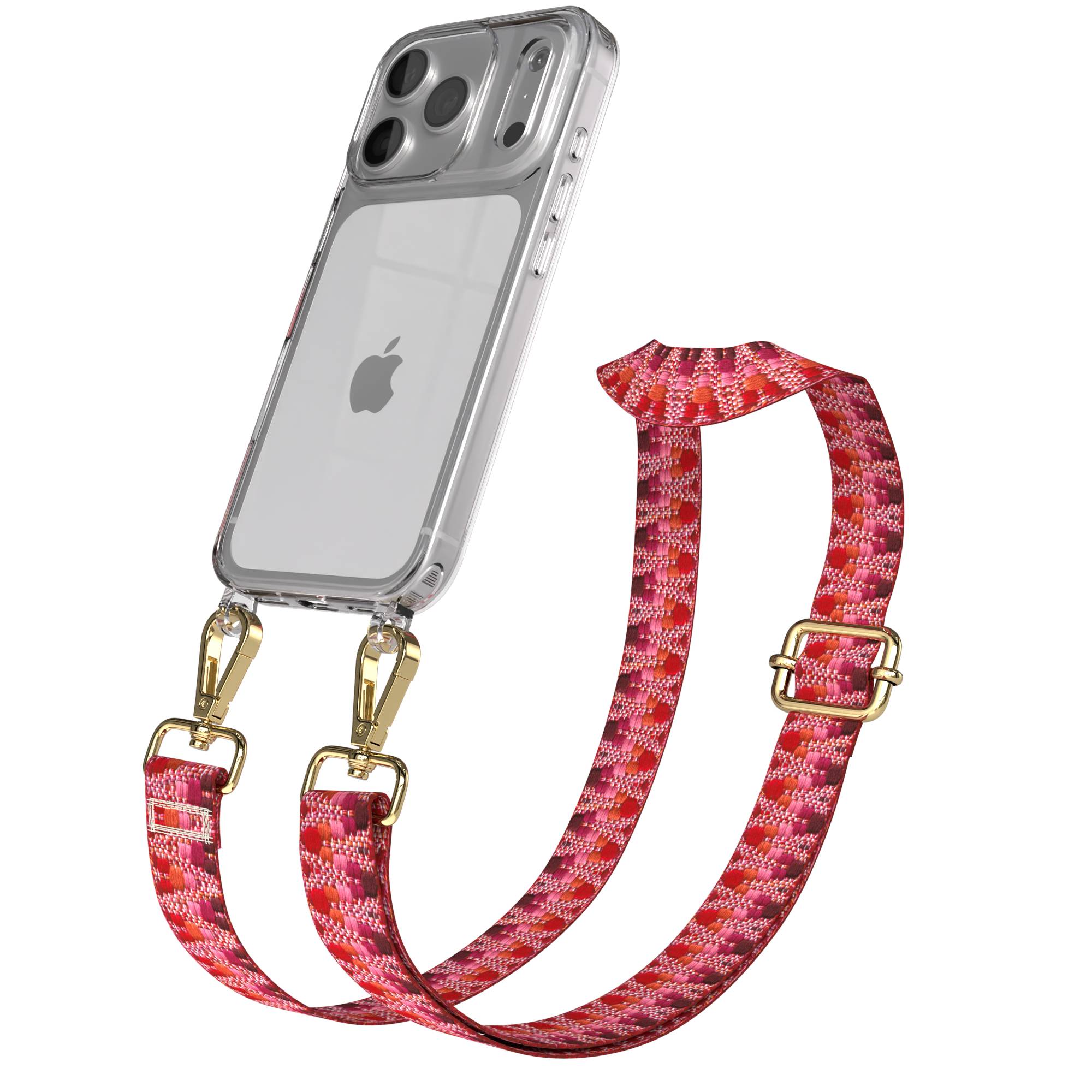 iPhone 17 Pro Handykette mit Boho Band verstellbar #farbe_beere-metallfarbe-gold