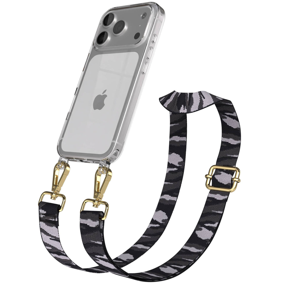 iPhone 17 Pro Handykette mit Boho Band verstellbar #farbe_grau-camouflage-metallfarbe-gold