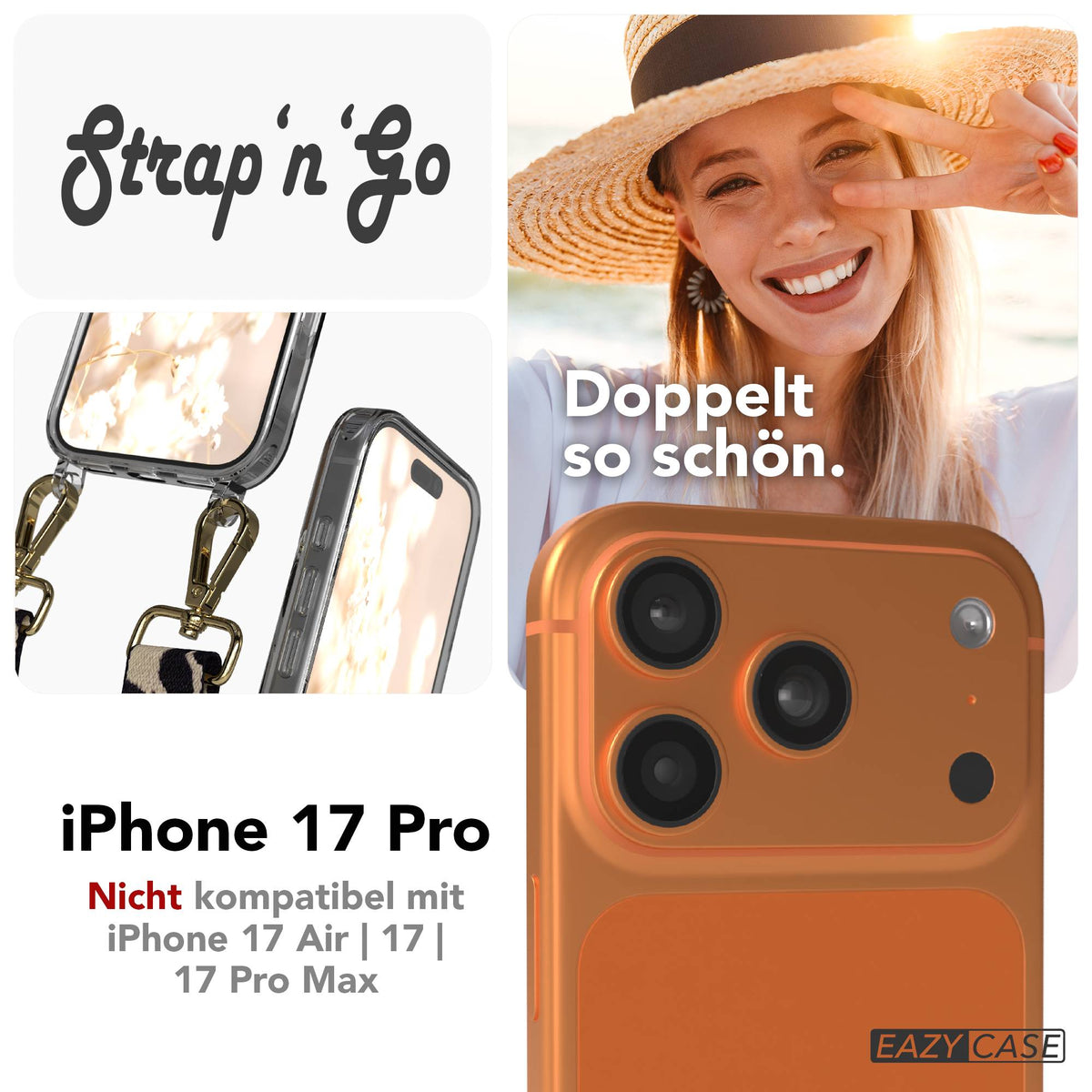 iPhone 17 Pro Handykette mit Boho Band verstellbar #farbe_taupe-camouflage-metallfarbe-gold