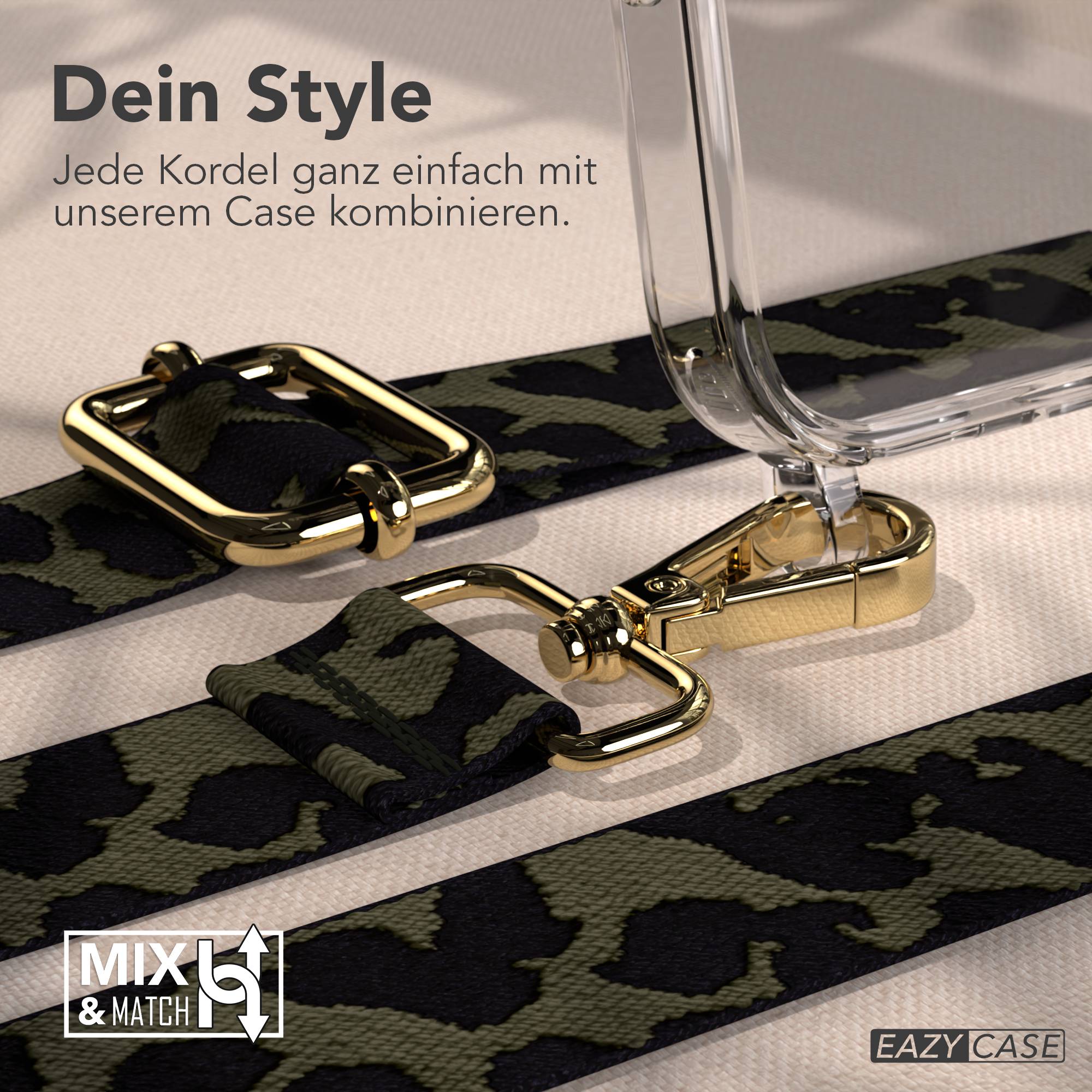iPhone 17 Pro Handykette mit Boho Band verstellbar #farbe_dunkelgrun-camouflage-metallfarbe-gold