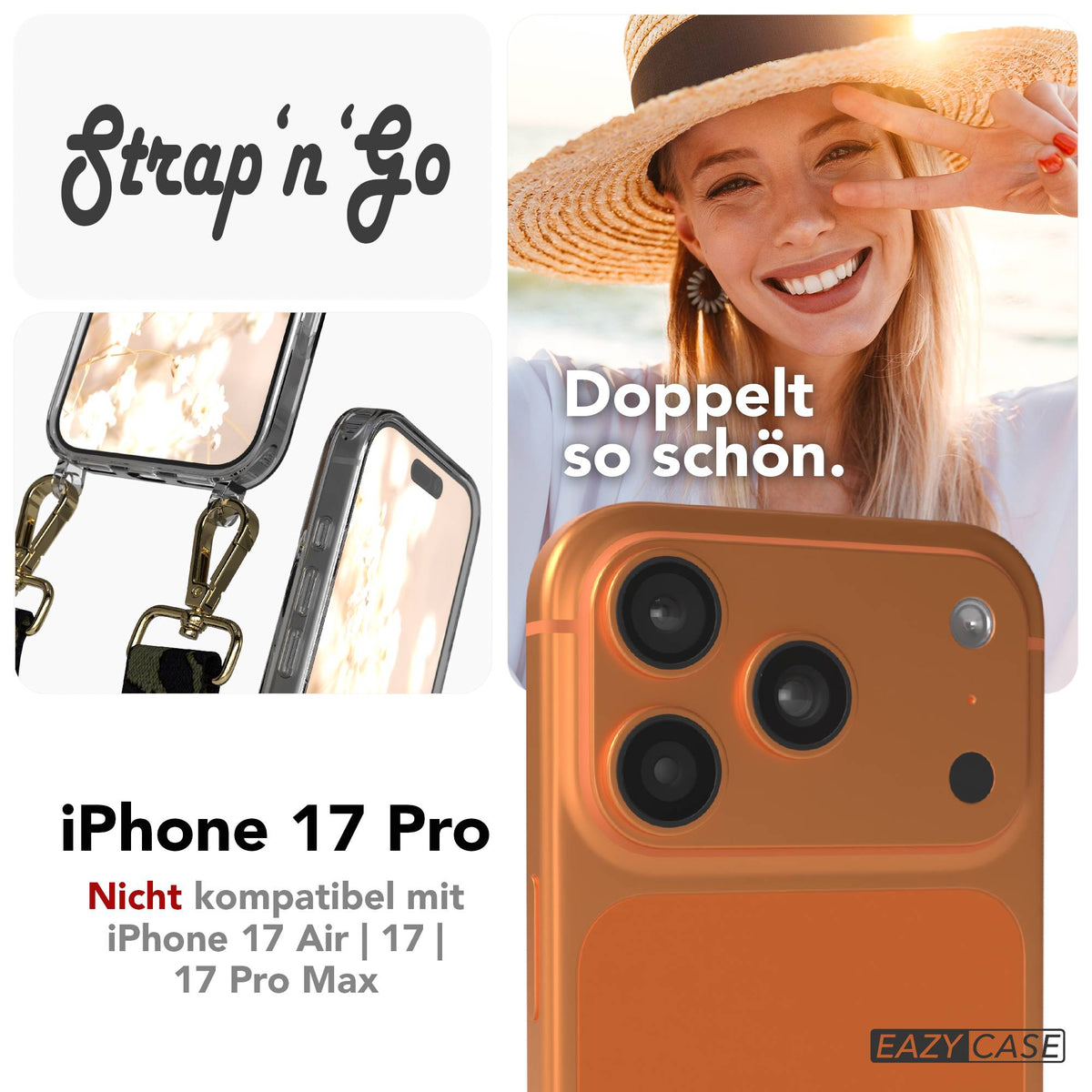 iPhone 17 Pro Handykette mit Boho Band verstellbar #farbe_dunkelgrun-camouflage-metallfarbe-gold