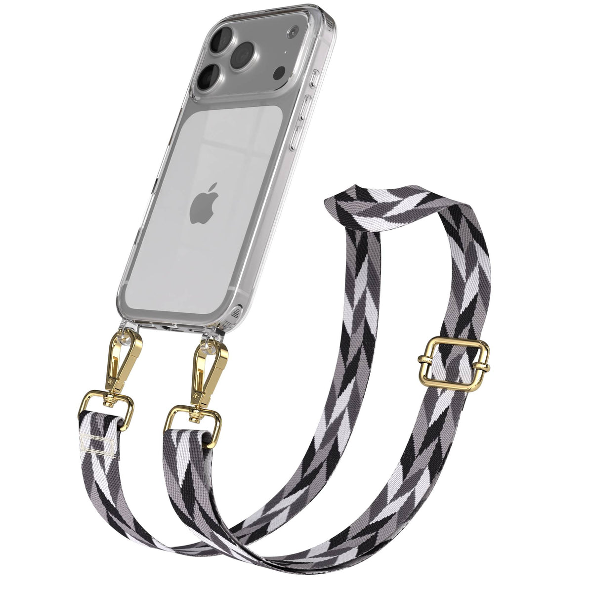 iPhone 17 Pro Handykette mit Boho Band verstellbar #farbe_grau-schwarz-mix-metallfarbe-gold