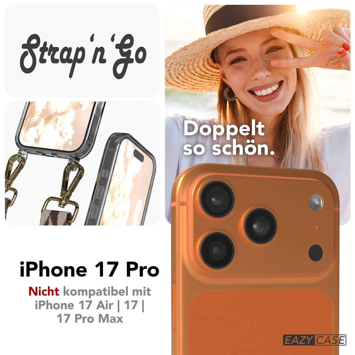iPhone 17 Pro Handykette mit Boho Band verstellbar #farbe_braun-taupe-mix-metallfarbe-gold