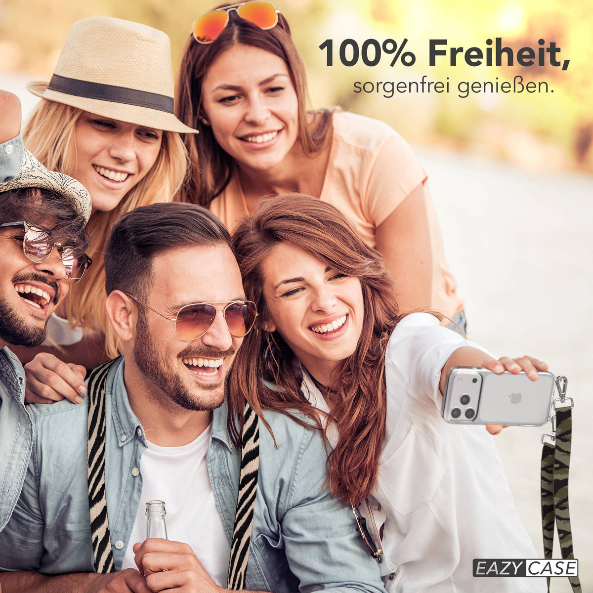 iPhone 17 Pro Handykette mit Boho Band verstellbar #farbe_grun-camouflage-metallfarbe-silber