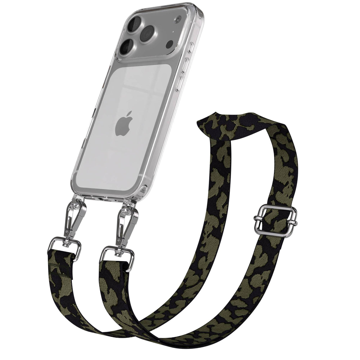 iPhone 17 Pro Handykette mit Boho Band verstellbar #farbe_dunkelgrun-camouflage-metallfarbe-silber