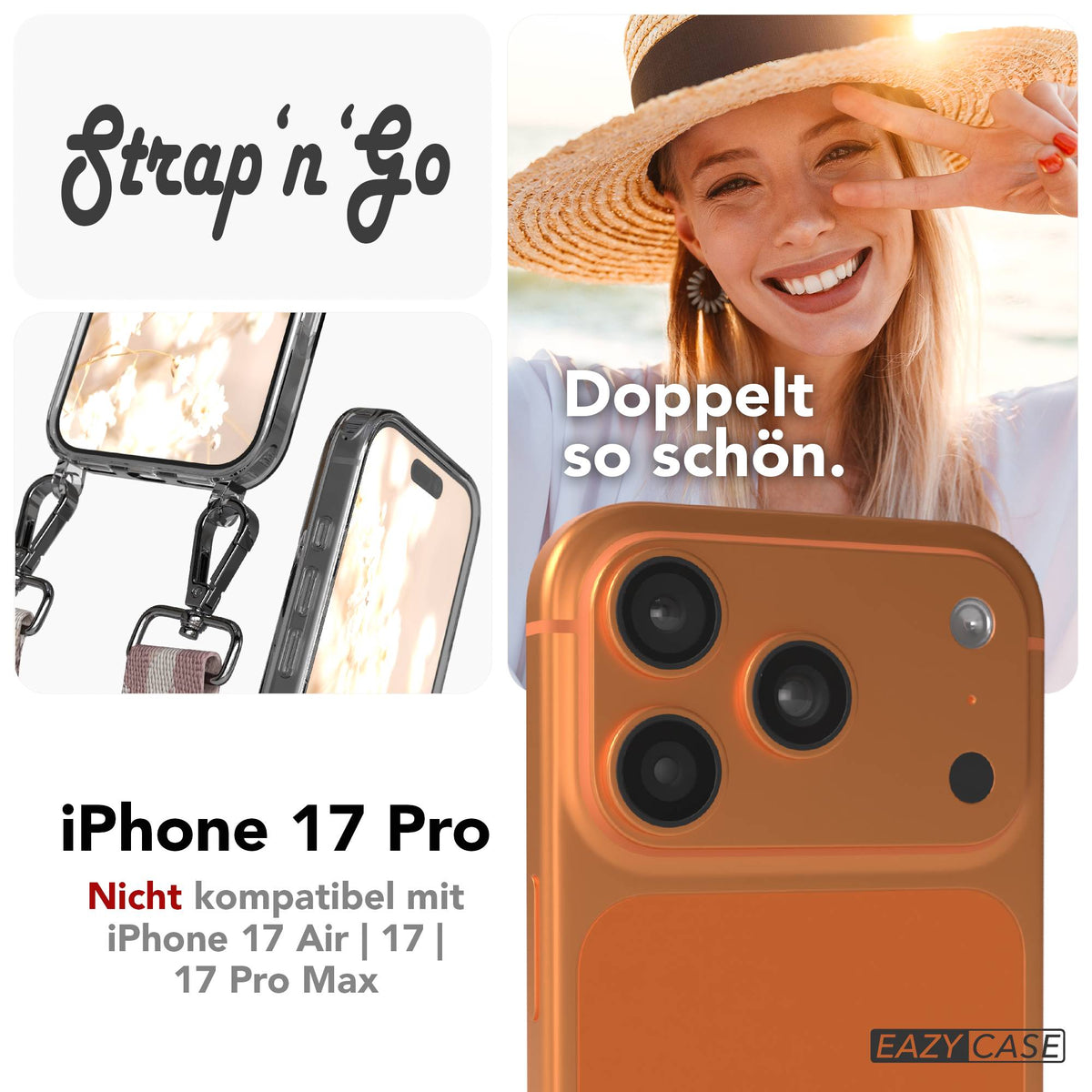 iPhone 17 Pro Handykette mit Boho Band verstellbar #farbe_rosa-mix-metallfarbe-silber