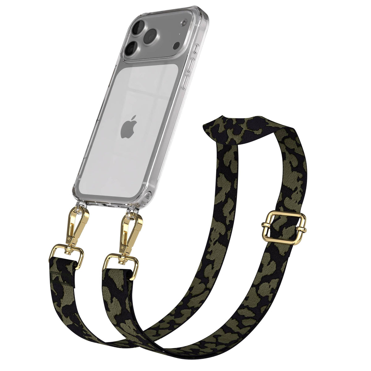 iPhone 17 Pro Max Handykette mit Boho Band verstellbar EAZY CASE #farbe_dunkelgrun-camouflage-metallfarbe-gold