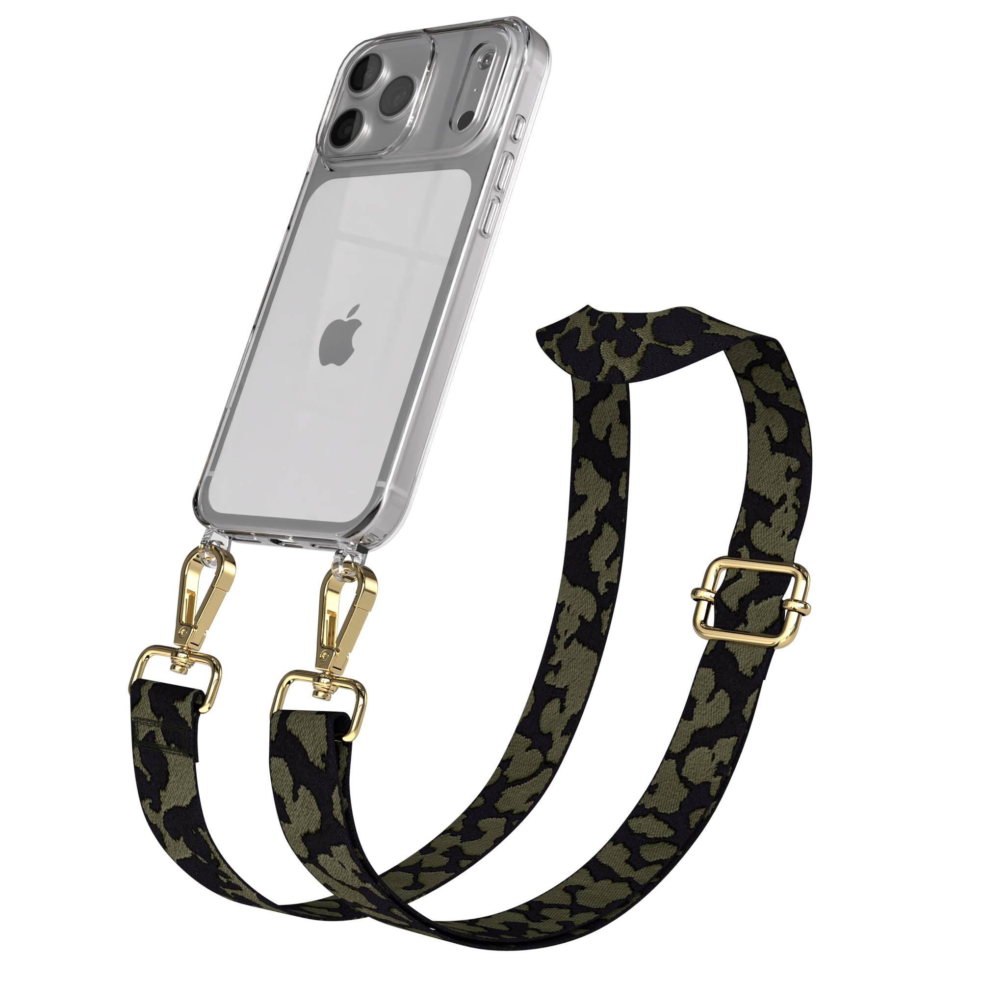 iPhone 17 Pro Max Handykette mit Boho Band verstellbar EAZY CASE #farbe_dunkelgrun-camouflage-metallfarbe-gold