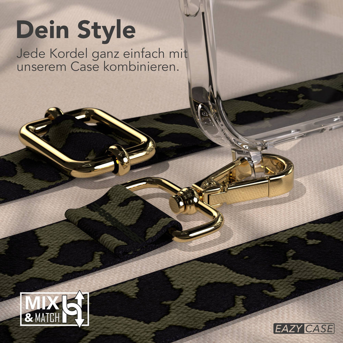 iPhone 17 Pro Max Handykette mit Boho Band verstellbar EAZY CASE #farbe_dunkelgrun-camouflage-metallfarbe-gold