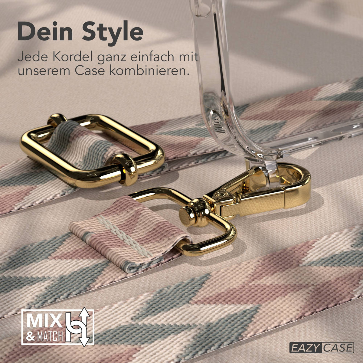 iPhone 17 Pro Max Handykette mit Boho Band verstellbar EAZY CASE #farbe_mint-rosa-mix-metallfarbe-gold