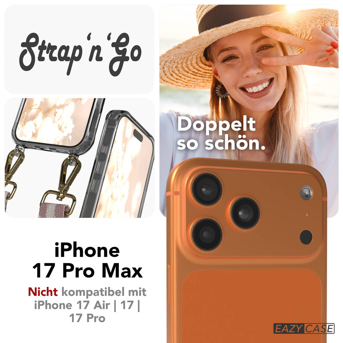iPhone 17 Pro Max Handykette mit Boho Band verstellbar EAZY CASE #farbe_rosa-mix-metallfarbe-gold