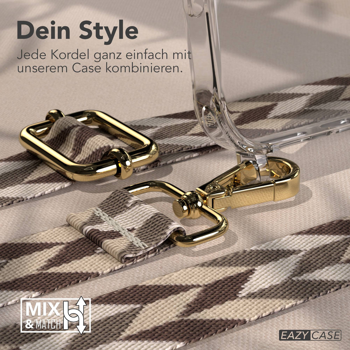 iPhone 17 Pro Max Handykette mit Boho Band verstellbar EAZY CASE #farbe_braun-taupe-mix-metallfarbe-gold
