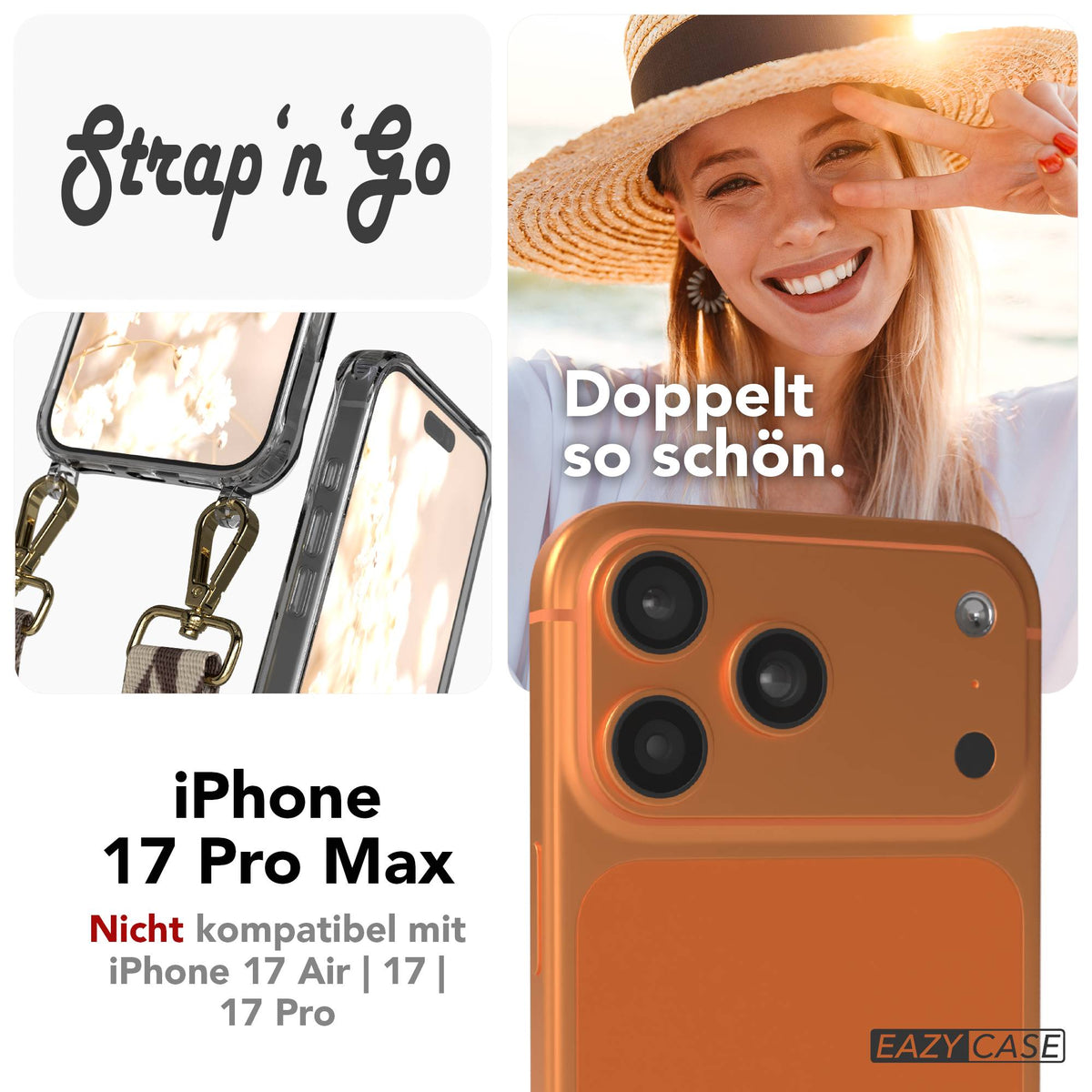 iPhone 17 Pro Max Handykette mit Boho Band verstellbar EAZY CASE #farbe_braun-taupe-mix-metallfarbe-gold