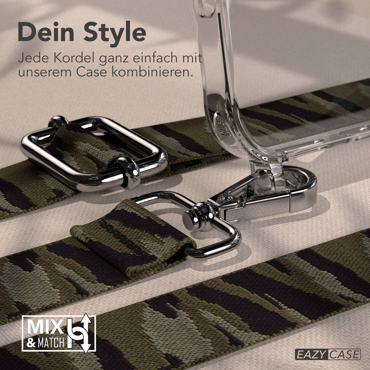 iPhone 17 Pro Max Handykette mit Boho Band verstellbar EAZY CASE #farbe_grun-camouflage-metallfarbe-silber